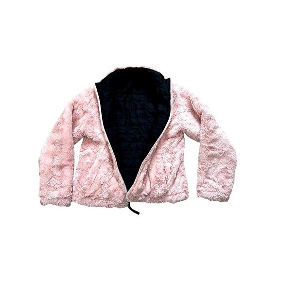 Me Jane Girls’ Reversible Jacket Black Puffer Pink Faux Fur 12 Zip Band Collar - Picture 2 of 13